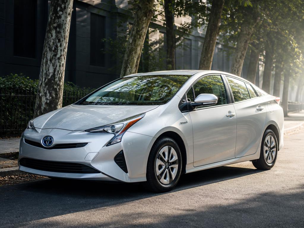 Silver Toyota Prius hybrid hatchback on a leafy city boulevard