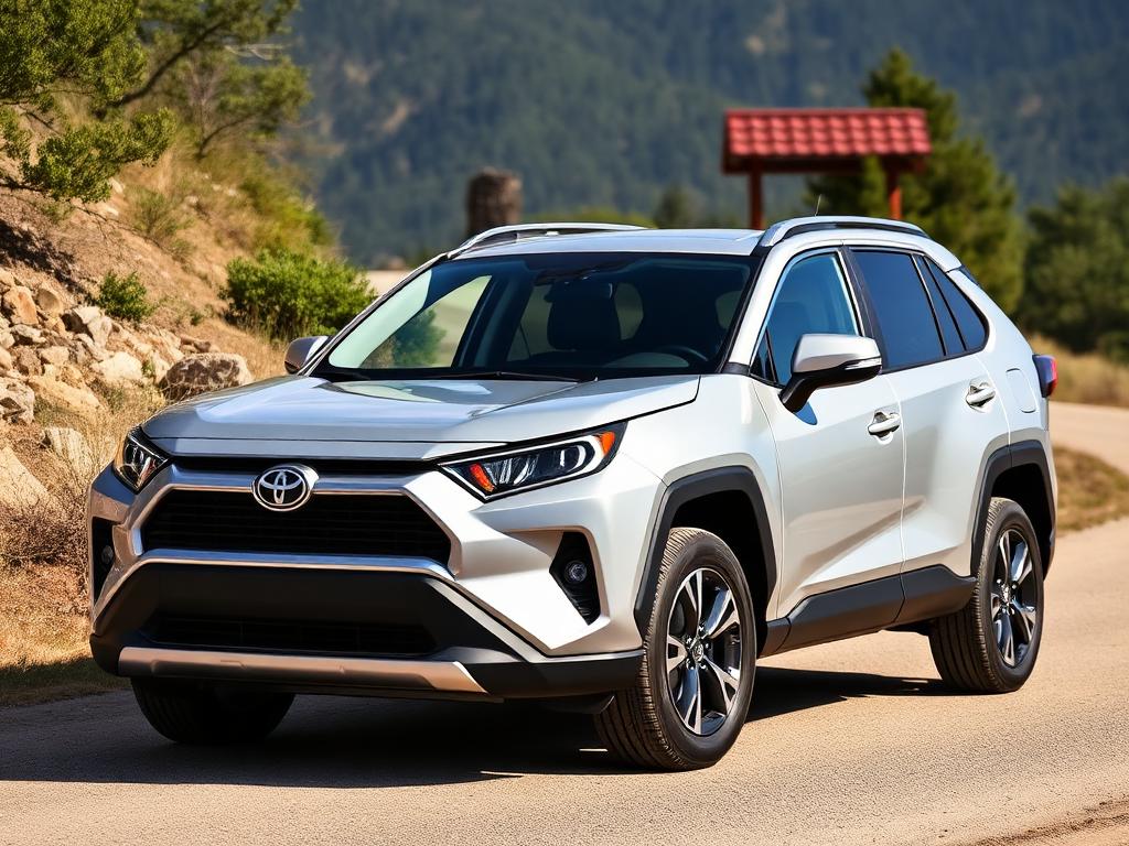 Silver Toyota RAV4 crossover parked near a mountain trailhead