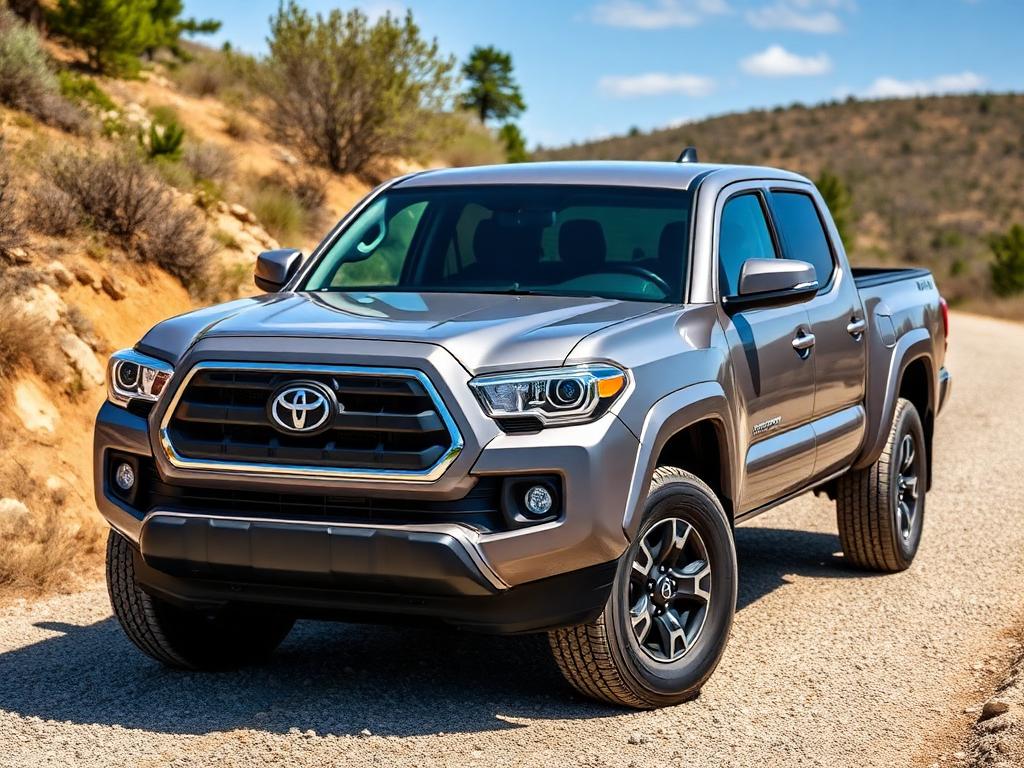 Grey Toyota Tacoma pickup truck parked on a gravel trailhead road