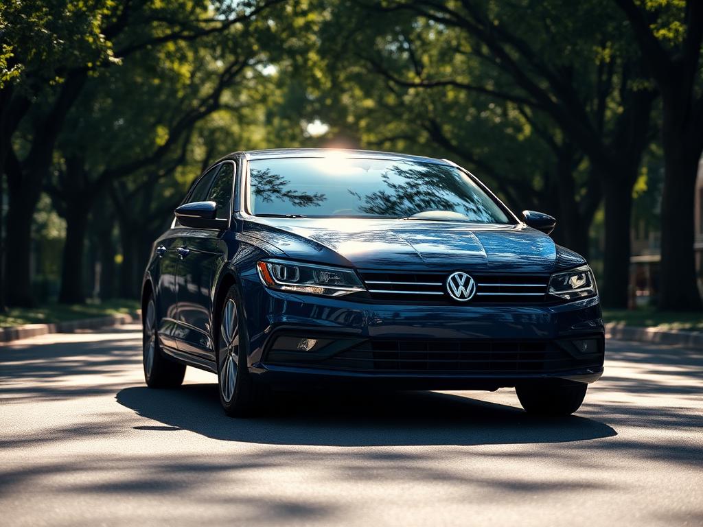 Deep blue Volkswagen Jetta sedan on a tree-lined street in dappled sunlight